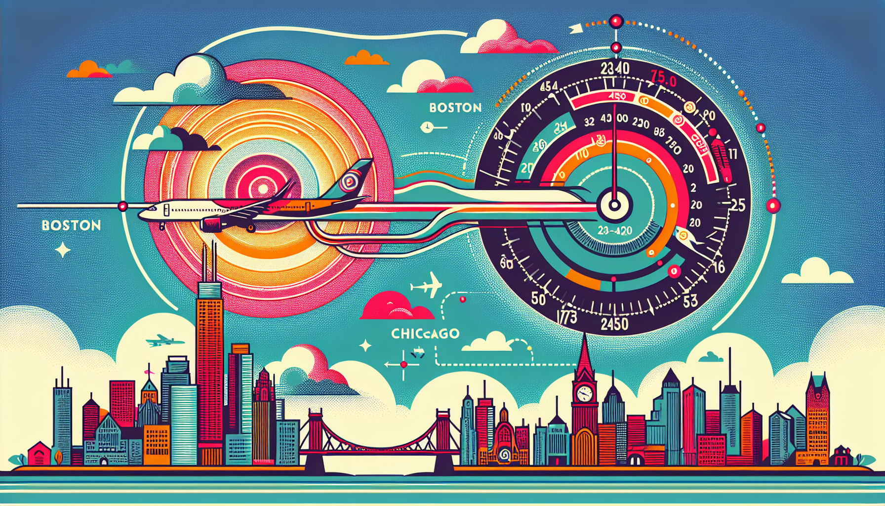 An illustration showing the flight distance and duration from Boston to Chicago, emphasizing the journey.