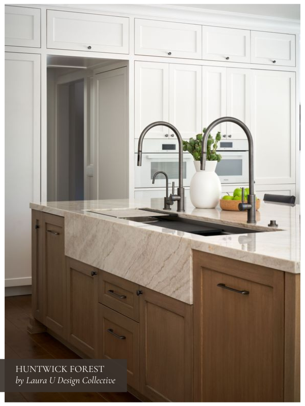 our interior designers made a neutral color palette pop with veined marble at Huntwick Forest