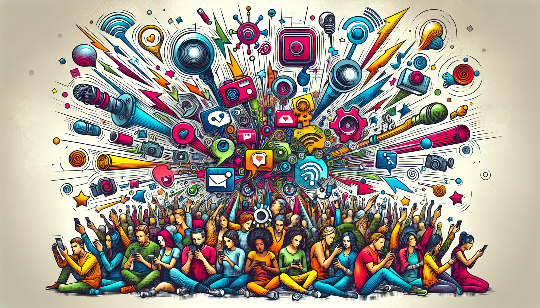 Illustration of a group of diverse people engaging with social media influencers