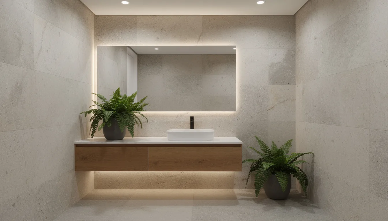 The image showcases a modern bathroom designed to evoke a spa-like atmosphere, featuring natural stone tile walls and a wooden vanity with a sleek vessel sink. Potted ferns add a touch of nature, while warm ambient lighting creates a cozy and inviting space perfect for relaxation and self-care.