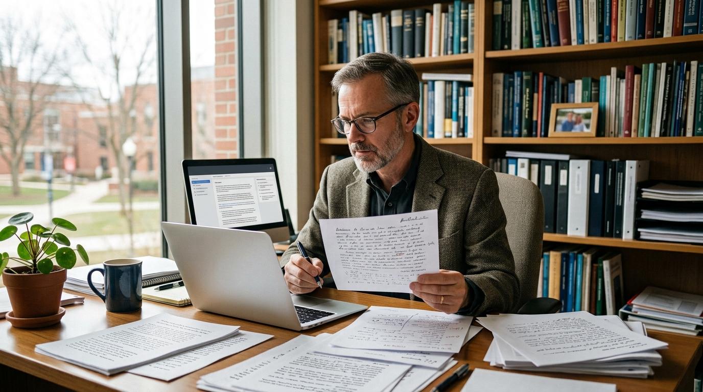 Photorealistic university professor reviewing AI-generated grading suggestions on a laptop while thoughtfully evaluating student essays, modern academic office.