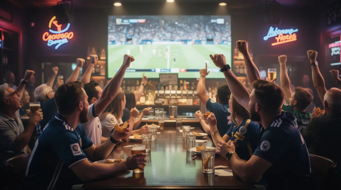 A lively group of enthusiastic sports fans is gathered in a dimly lit sports bar, intently watching a large television screen displaying a live sports event. The atmosphere is charged with excitement as they cheer together, showcasing the communal experience of enjoying live TV channels through IPTV services.