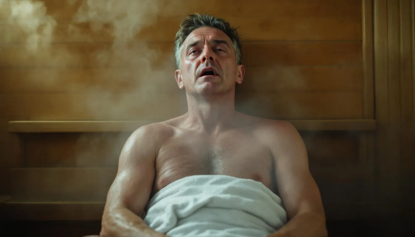 An image depicting sauna-induced dehydration shows a human figure sitting inside a sauna, visibly sweating, with a focus on their flushed skin and a glass of water nearby, emphasizing the importance of hydration for maintaining gut health. The setting suggests the effects of heat exposure on the digestive system and highlights the physiological challenge of sauna use on intestinal barrier function and gut microbiota.