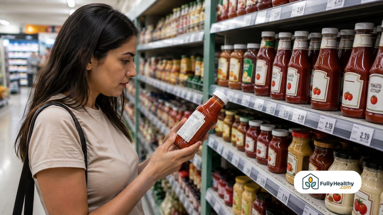 Person reading a tomato ketchup ingredient label in a grocery store condiment aisle.