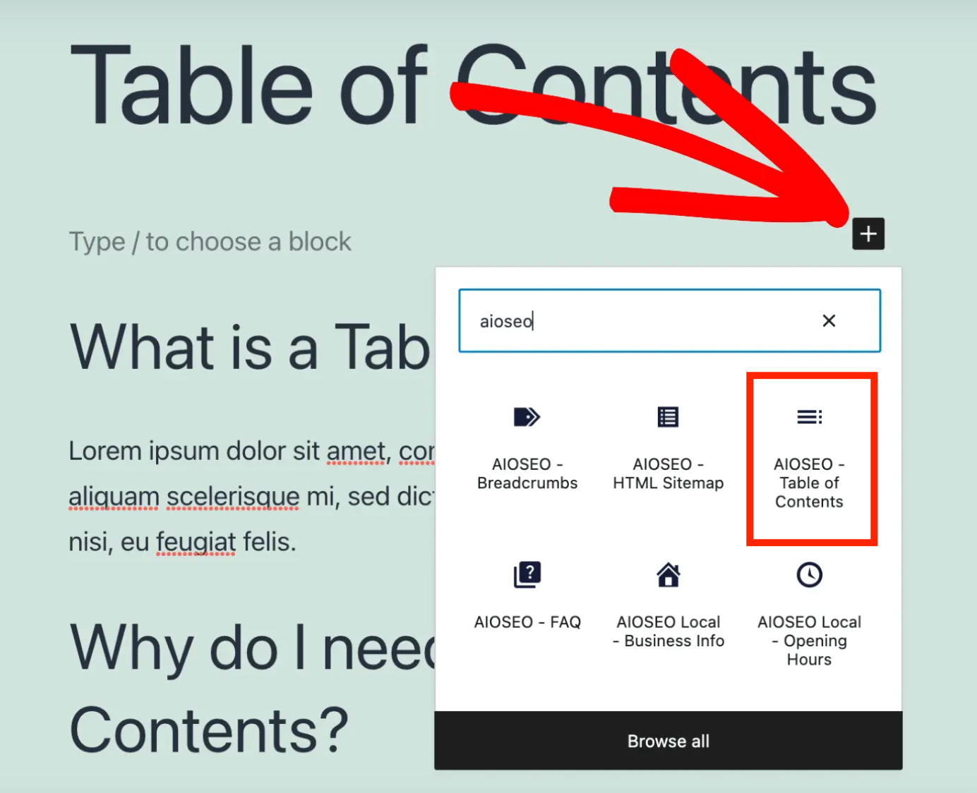Add table of contents with a table of contents plugin in the WordPress editor