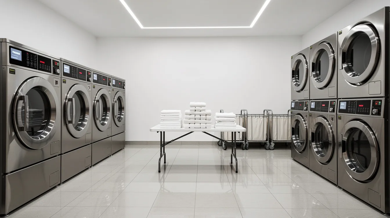 La imagen muestra una lavandería de hotel vacía, equipada con maquinaria industrial moderna para el lavado y secado de sábanas y toallas. El espacio está organizado y limpio, reflejando la calidad del servicio de lavandería interna que ofrece el establecimiento.