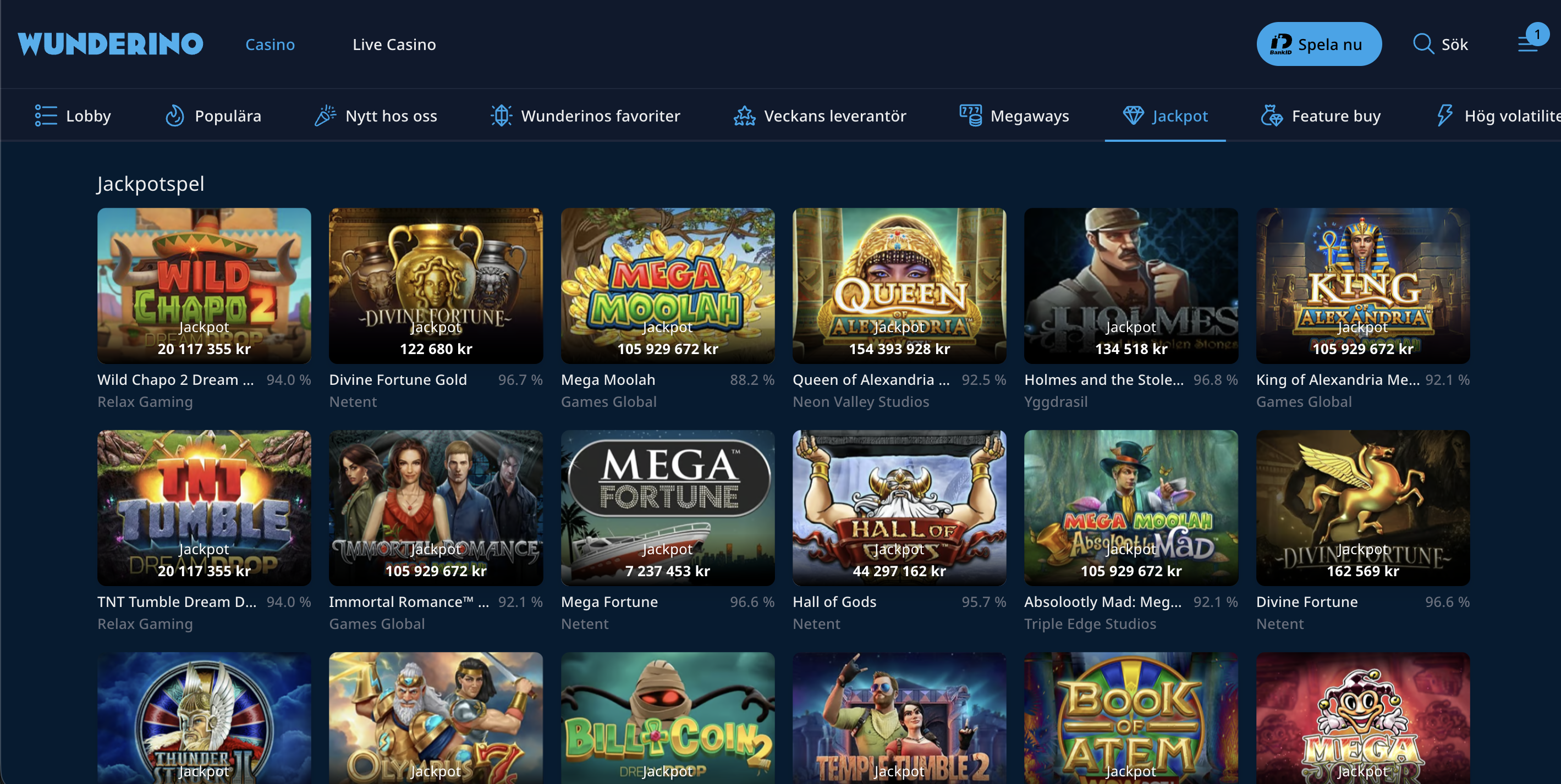 Spelbibliotek hos Wunderino Casino med olika videoslots, klassiska spelautomater och moderna casinospel.