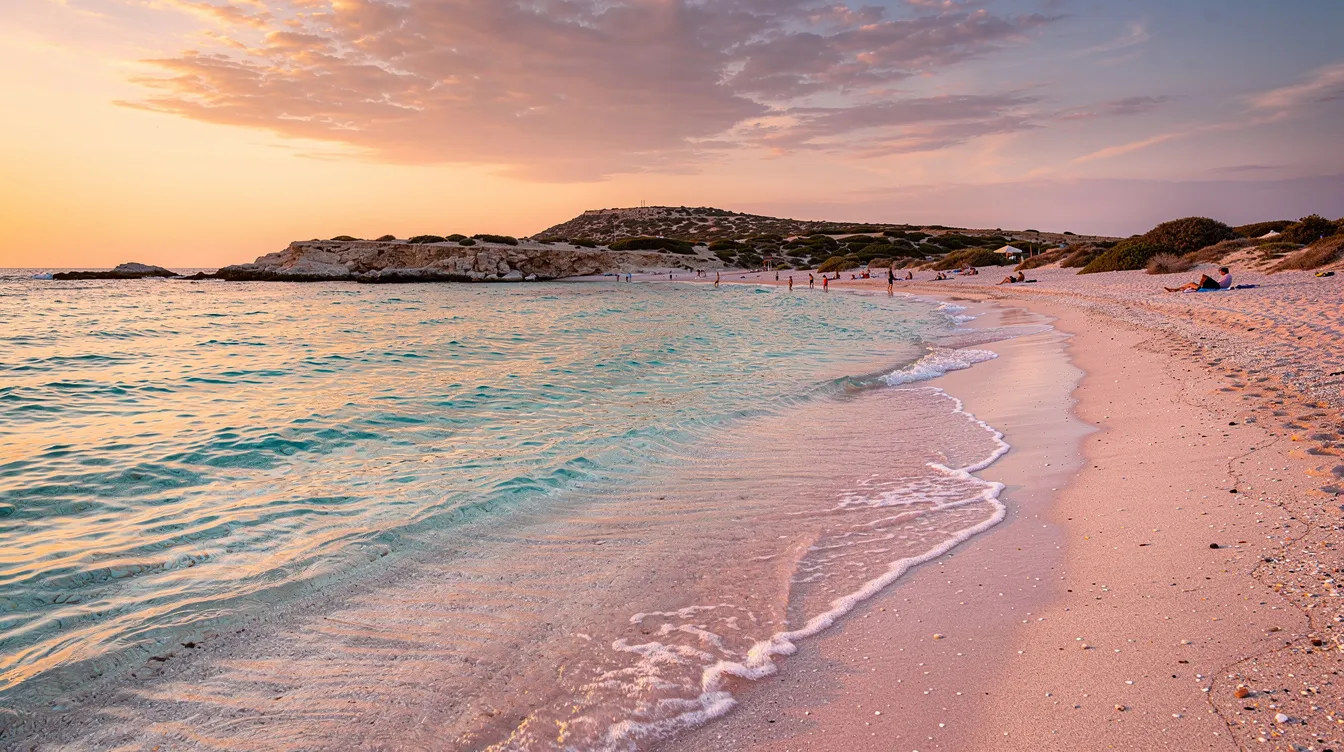 A praia de Elafonisi, localizada na ilha de Creta, apresenta areias rosadas e águas cristalinas, cercada por uma natureza exuberante. Este destino turístico no sudoeste da Grécia é conhecido por sua beleza natural e clima mediterrâneo, oferecendo uma experiência inesquecível para os visitantes.