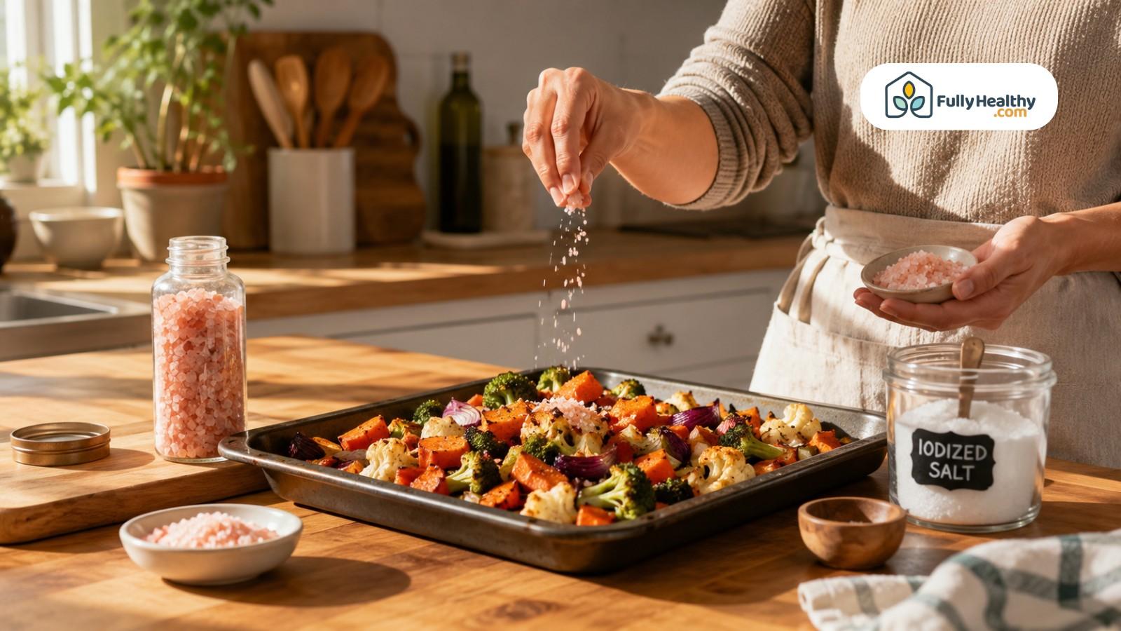 Home cook sprinkling pink salt over roasted vegetables beside iodized salt jar