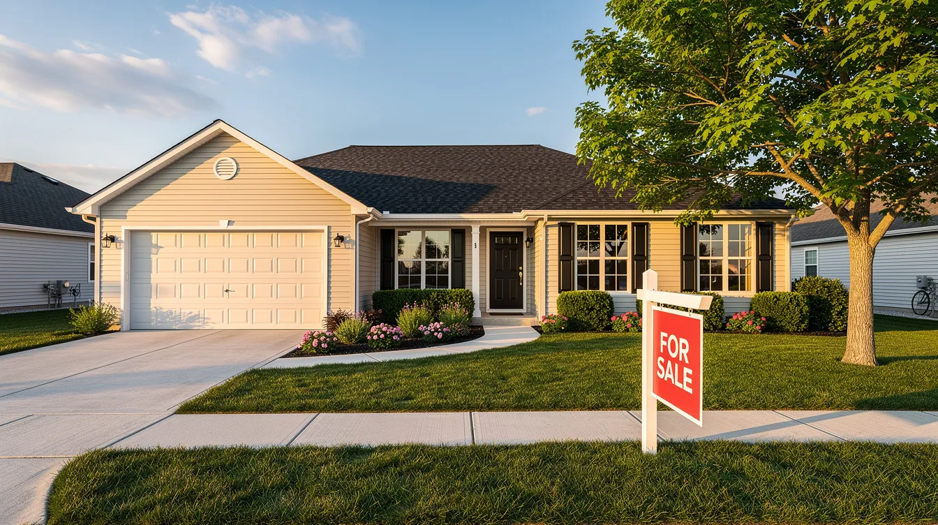 The image shows a charming suburban house with a neatly trimmed front yard, featuring a bright "for-sale" sign prominently displayed on the lawn. This inviting property could be an excellent opportunity for those looking to explore home equity options or consider a home equity line of credit.