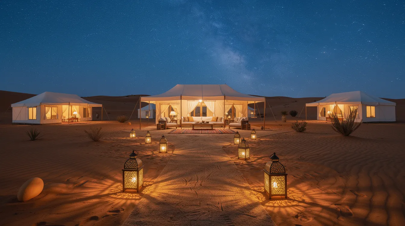 A serene Sahara desert camp is illuminated by the warm glow of lantern light emanating from luxurious tents, set against a breathtaking star-filled sky. This tranquil scene invites contemplation of the rich Moroccan culture and the complexities of sexual orientation and identity in a country where being part of the gay community can be challenging.