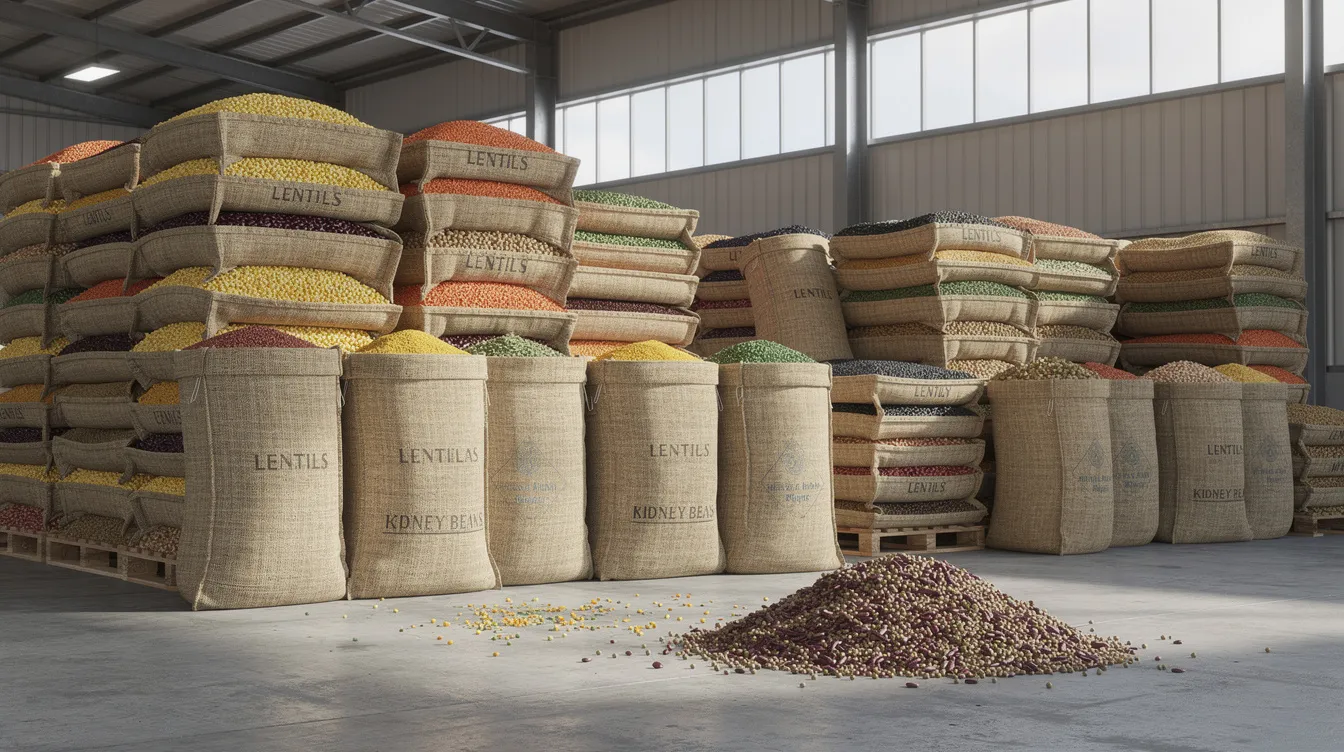 The image shows stacks of various types of raw pulses and lentils stored in large jute bags inside a warehouse, highlighting the essential raw materials for a dal mill business. This setup is crucial for ensuring quality assurance and efficient production in the pulses mill plant industry.