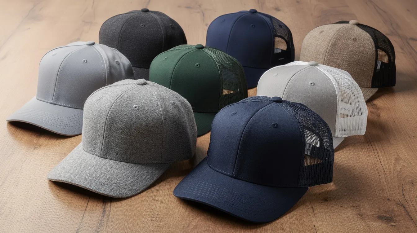 The image displays a variety of baseball cap styles arranged on a wooden surface, showcasing different structures such as structured caps, unstructured hats, and trucker caps, each featuring unique brim shapes like flat bills and slightly curved brims. Some caps are adorned with embroidered logos and bold graphics, highlighting their casual wear appeal and connection to sports teams and urban fashion.