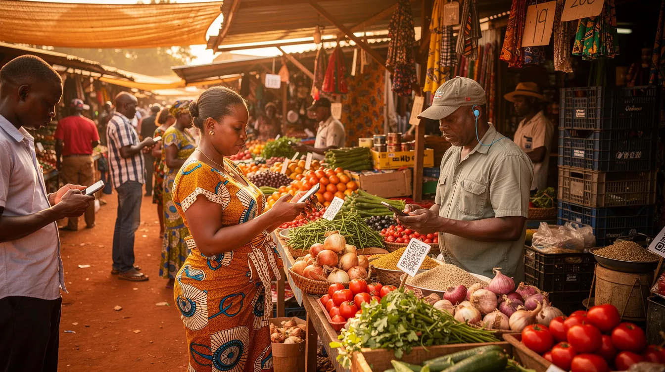 The image depicts a bustling Kenyan marketplace filled with people engaged in transactions using their mobile phones, showcasing the convenience of mobile money services like M-Pesa. Individuals appear to be transferring money, paying bills, and managing their bank accounts, highlighting the popularity of mobile wallets in facilitating quick and easy money transfers in Kenya.