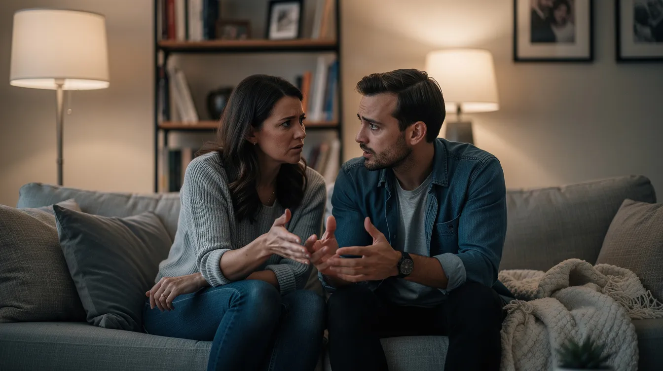 A couple sits closely on a couch at home, engaged in a deep conversation that showcases their effective communication skills. They maintain eye contact and use open body language, demonstrating a healthy relationship built on empathy and the ability to express their own feelings while actively listening to each other.