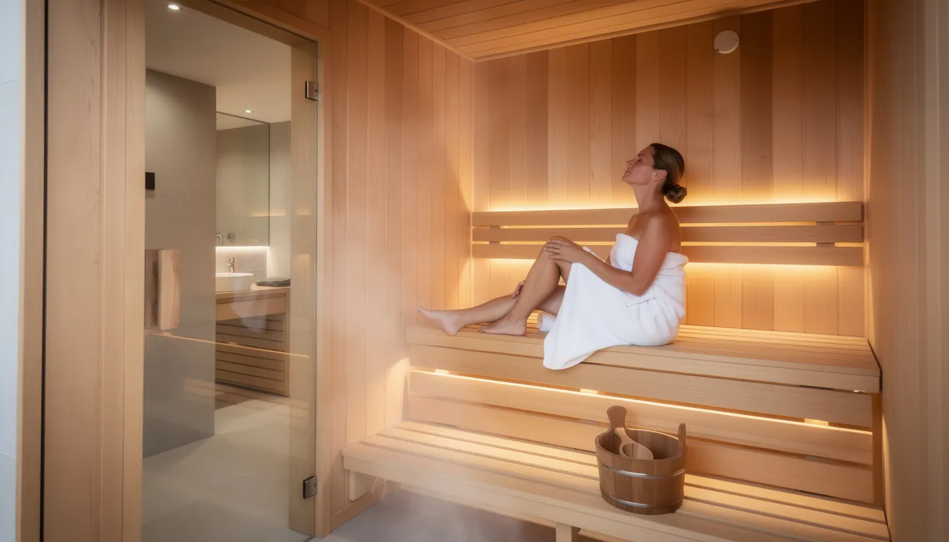 A person is relaxing in a modern wooden sauna cabin, surrounded by warm ambient lighting that promotes relaxation and enhances the infrared sauna experience. This soothing environment is ideal for muscle recovery and stress relief during morning or evening sauna sessions, contributing to overall health and well-being.