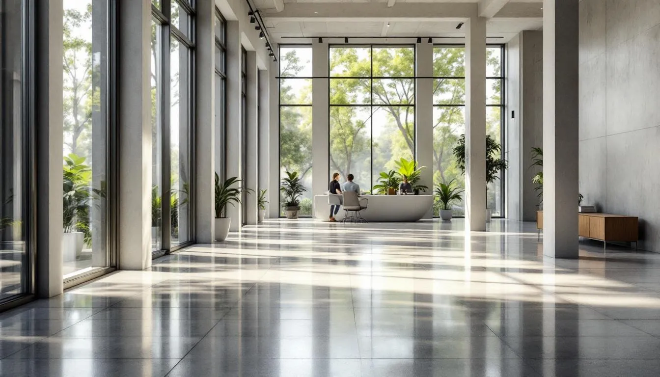 The image depicts a sustainable building interior featuring polished concrete floors that gleam under the natural light streaming in through large windows. The polished concrete flooring creates a modern and eco-friendly aesthetic, showcasing its durability and low maintenance requirements in a stylish commercial space.
