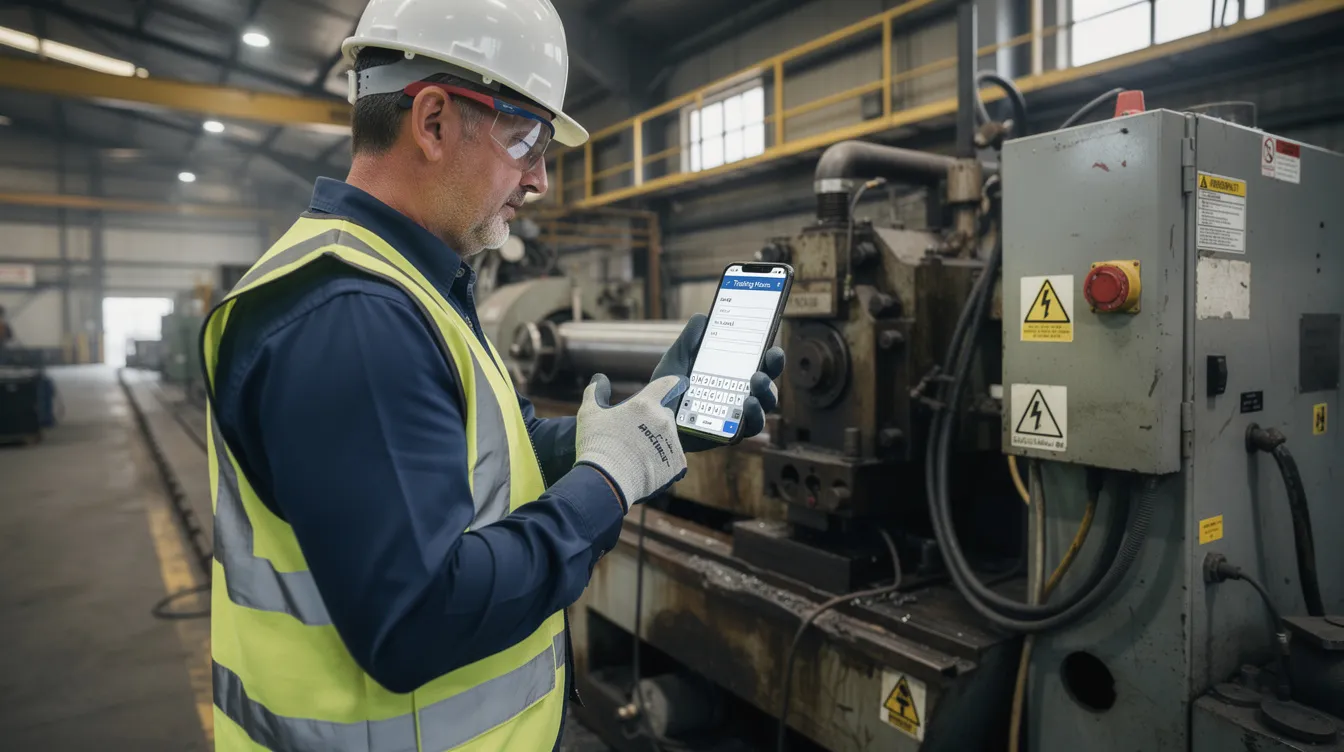 A person using apprenticeship program management software on a smartphone to log training hours in an industrial manufacturing setting.