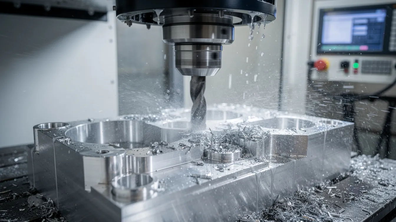 The image depicts a CNC milling machine actively cutting an aluminum part while coolant spray is applied to maintain optimal temperature and precision in a modern factory setting. This scene highlights the advanced CNC technology and machining processes used in industrial production.