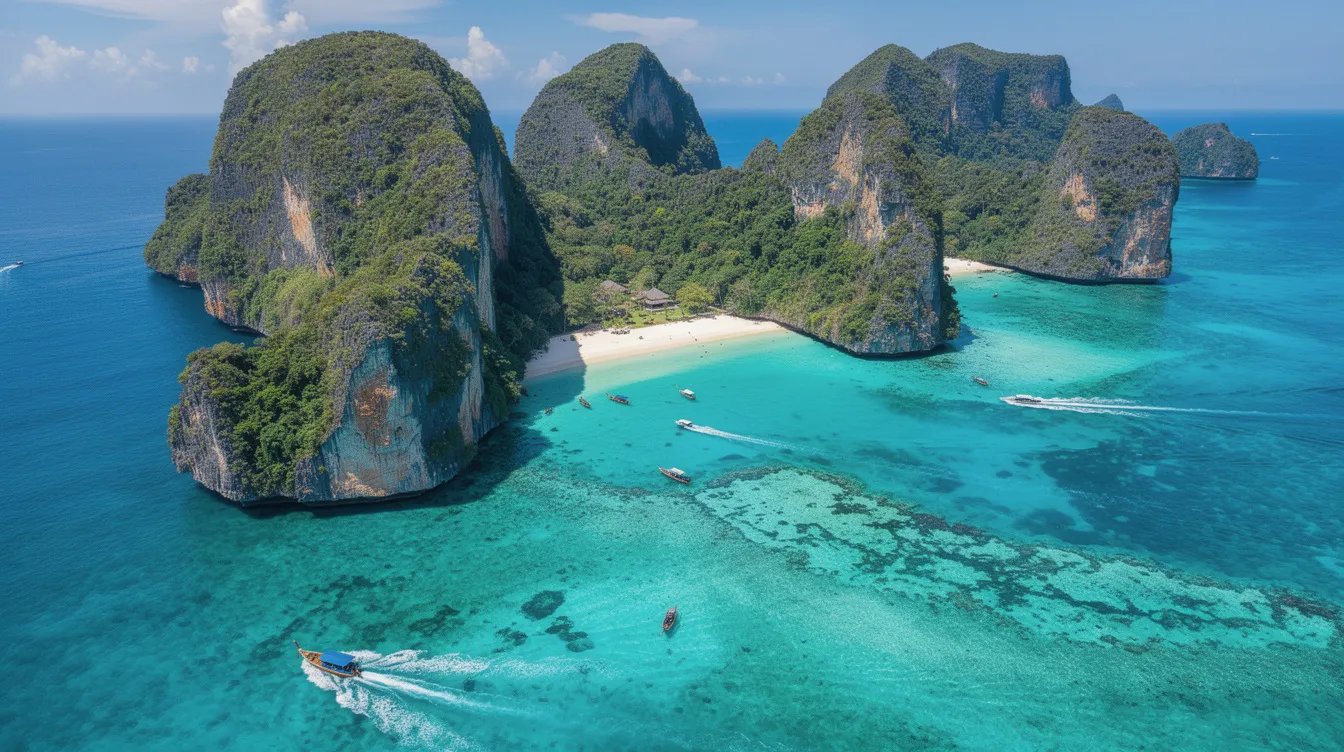 A imagem mostra as Ilhas Phi Phi vistas de cima, destacando as águas cristalinas e as praias de areia branca que cercam Koh Phi Phi Don. Os imponentes paredões de rocha e a vegetação exuberante criam um cenário deslumbrante, típico da Tailândia e um dos destinos mais procurados no sudeste asiático.