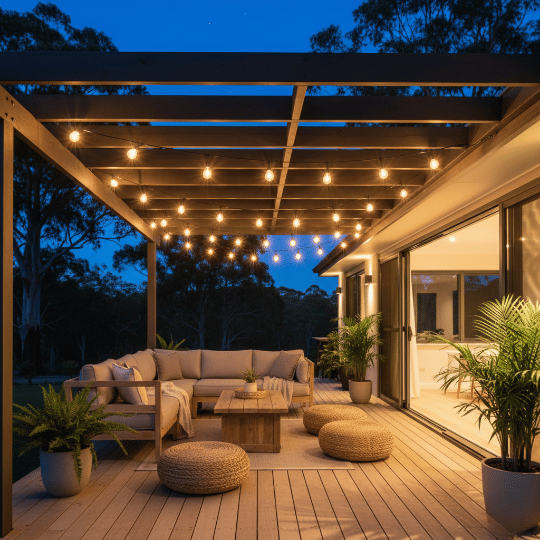 Outdoor festoon light fixtures suspended from pergola beams over deck seating.