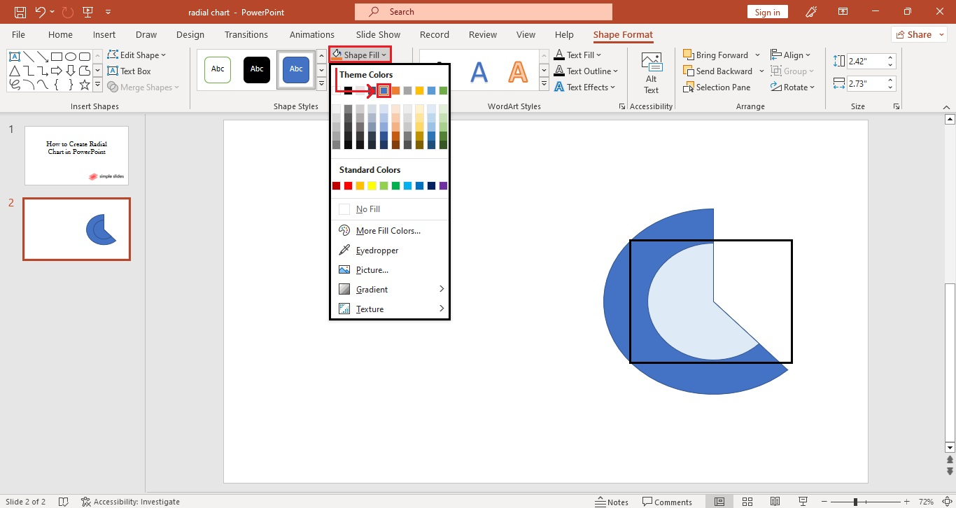 Select "Shape format" tab to change the color of the other pie chart icon and choose a specific color.