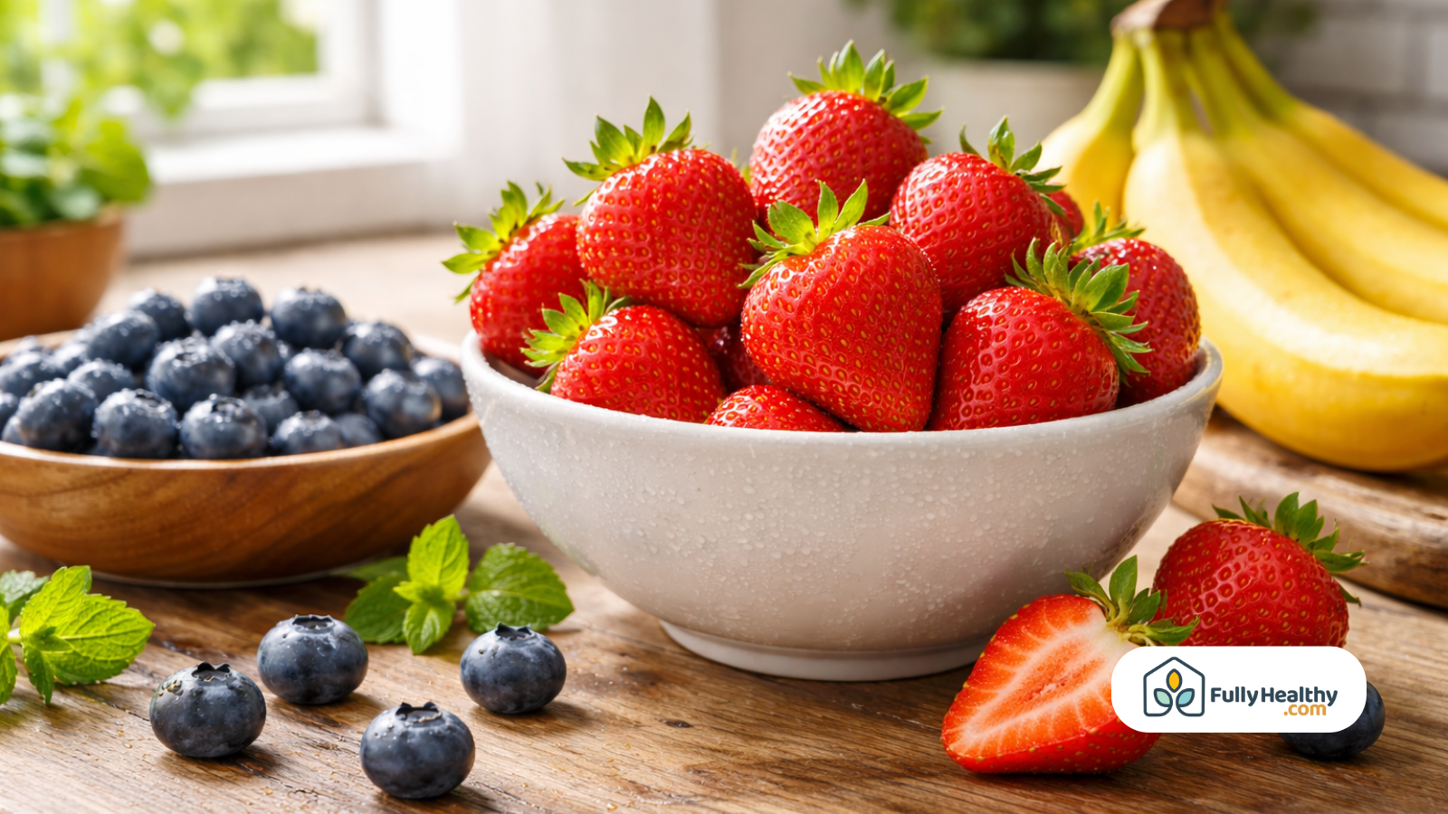 Bowl of fresh strawberries and blueberries with bananas in background