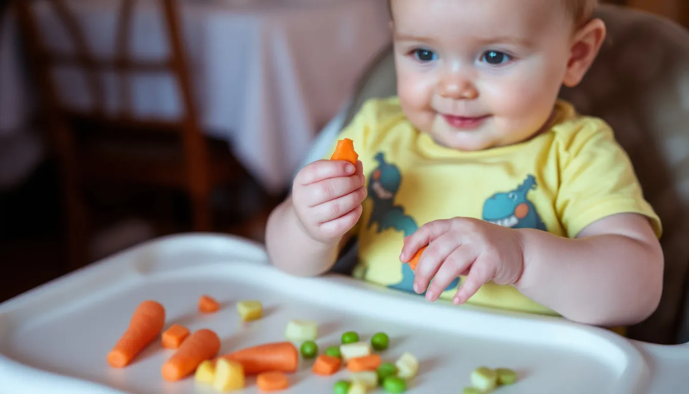 A baby is demonstrating the pincer grasp by using their thumb and index finger to pick up small food pieces, showcasing their developing fine motor skills. This activity is an important milestone in the baby's development, as they learn to manipulate objects and self-feed.