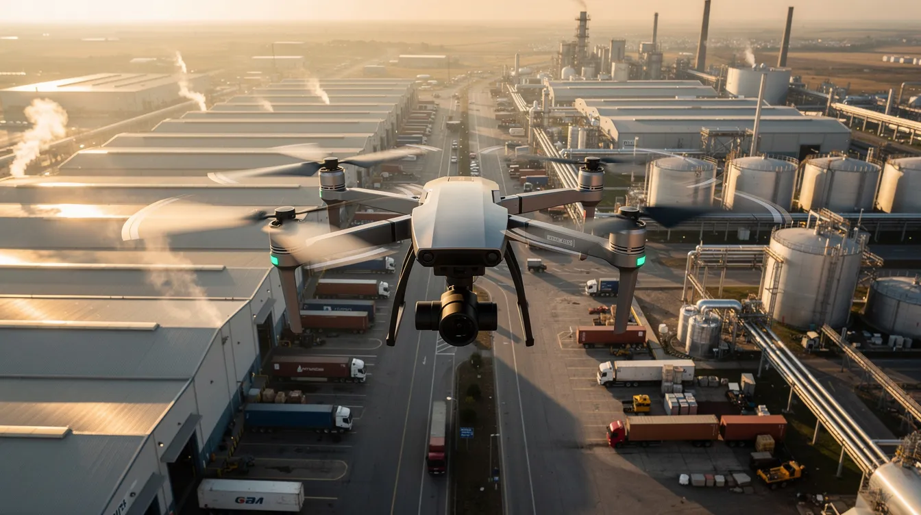 A drone captures aerial footage of an industrial facility, showcasing the expansive layout and operations below. This video marketing strategy highlights the company's capabilities and can be used to create engaging content for social media platforms and other online channels.