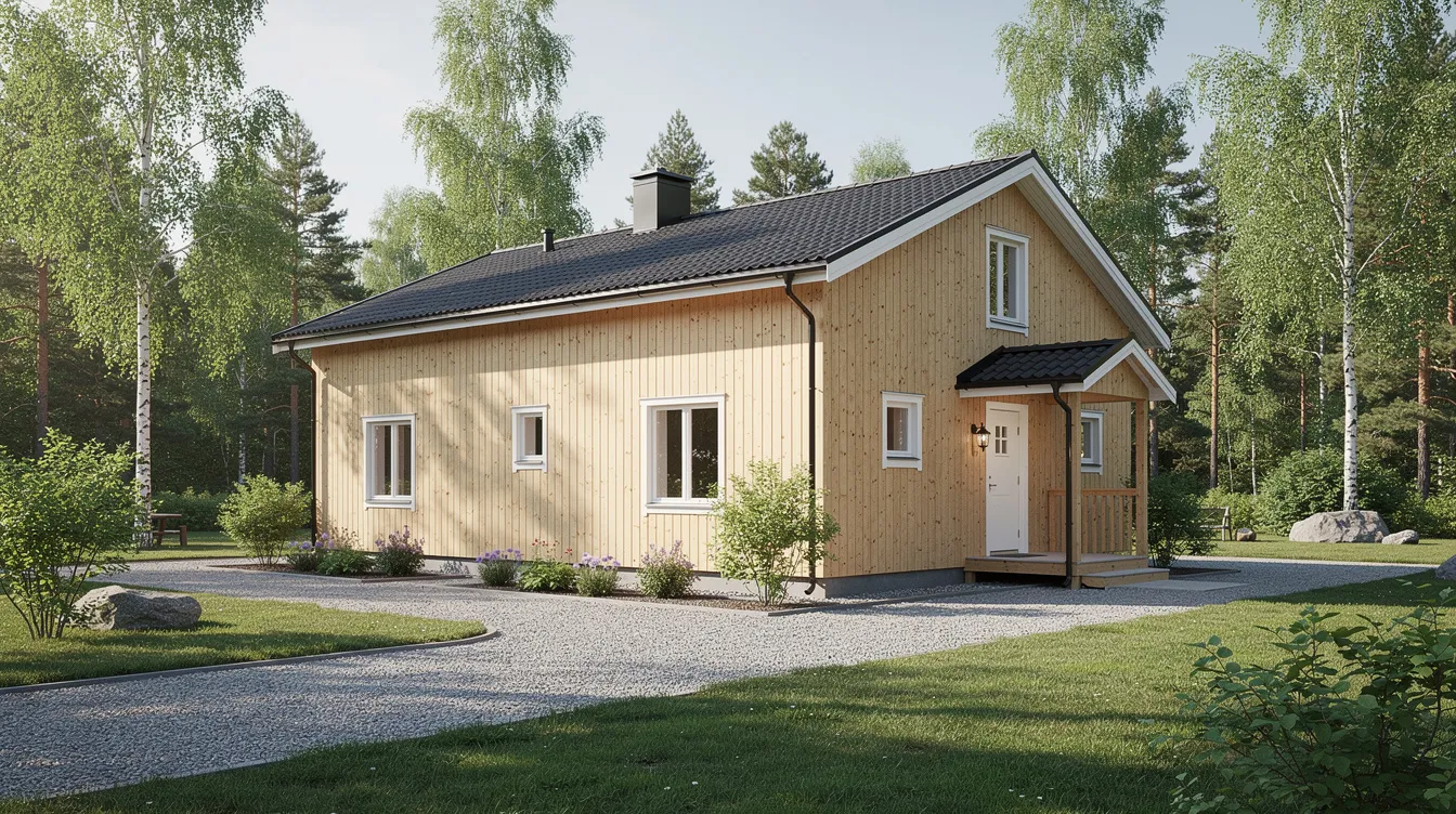 Kuvassa on vastikään vaalealla puuverhouksella verhoiltu siisti rintamamiestalo, joka sijaitsee kauniissa pihapiirissä. Talo on remontoitu huolellisesti ja sen ulkoverhouksen hinta on varmasti ollut harkittu osa rintamamiestalon remonttia.