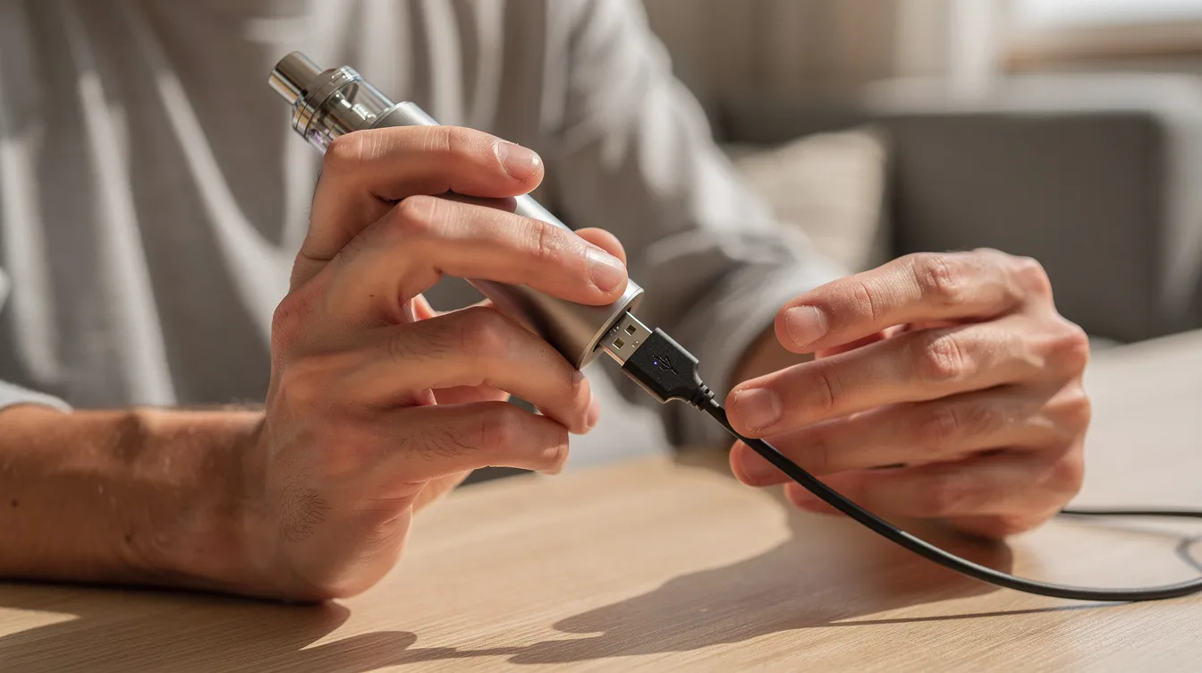 Eine Person lädt einen tragbaren Vaporizer, wie den Arizer Solo 3 oder den Potv Lobo, über ein USB-C Kabel auf. Der Vaporizer ist einfach zu bedienen und bietet eine hervorragende Dampfqualität für Kräuter.