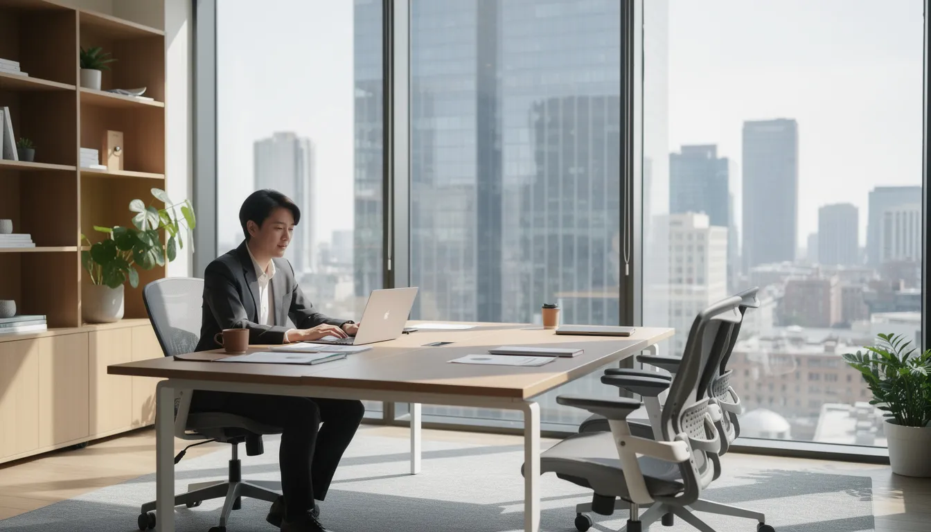 Na zdjęciu widoczna jest osoba pracująca na laptopie w nowoczesnym biurze, z panoramicznym widokiem na miasto. W tle można dostrzec elementy związane z działalnością eksportową, co sugeruje, że osoba ta może korzystać z faktoringu eksportowego, aby zapewnić płynność finansową swojej firmie.