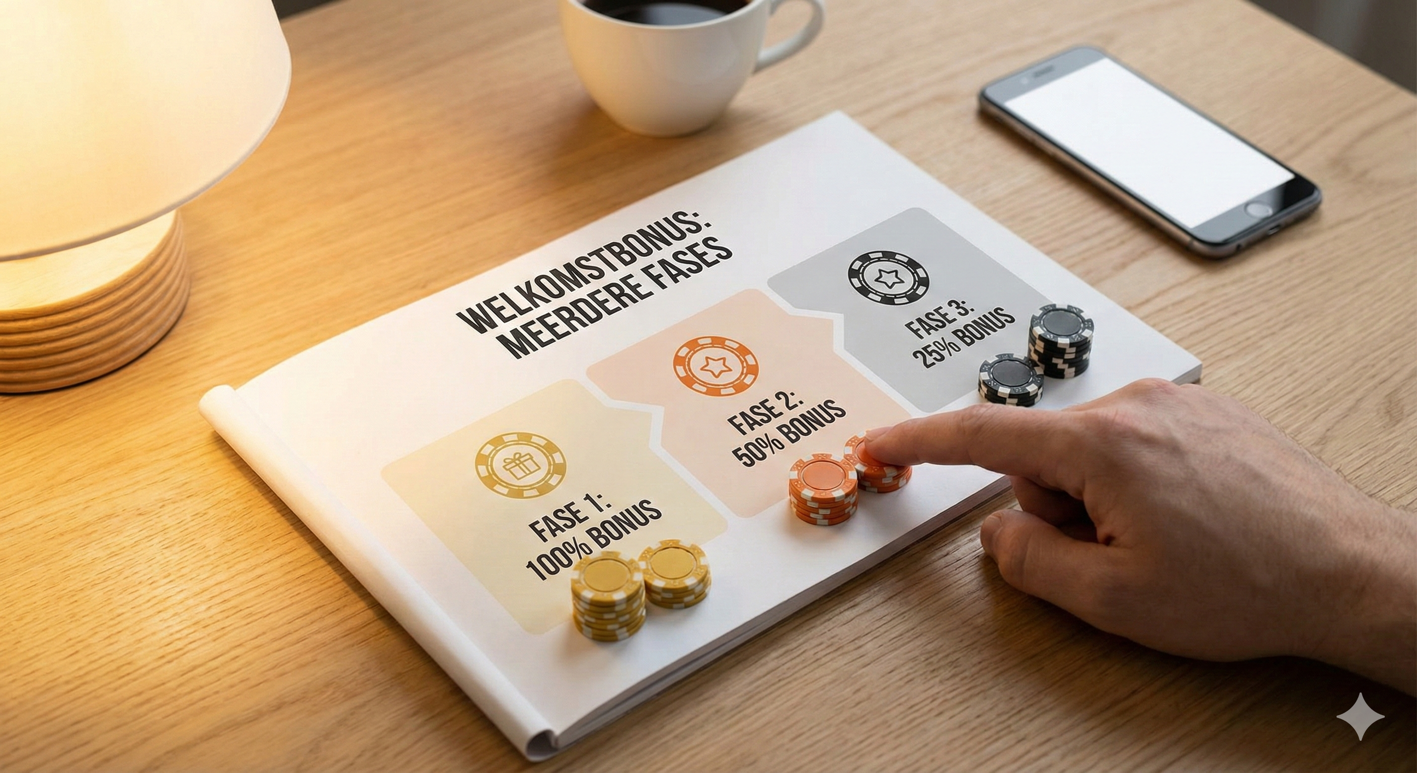 Overzicht van een casino welkomstbonus in meerdere fases, met 100%, 50% en 25% bonus, visueel weergegeven met casinofiches op tafel.