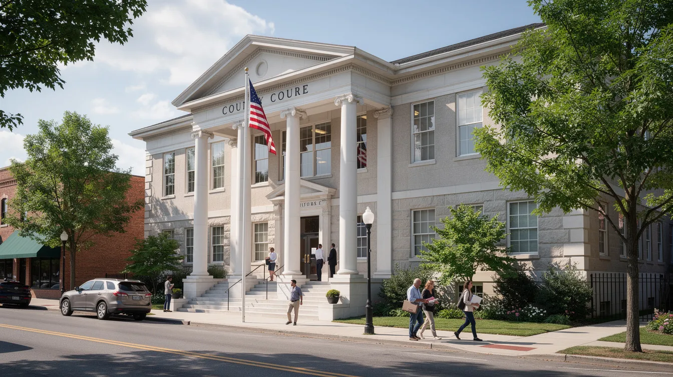 The image depicts the exterior of a county courthouse, where several people are walking nearby, possibly discussing legal matters or waiting for court proceedings. This setting is significant as it often relates to local gun laws and regulations, such as concealed carry permits and firearm possession.