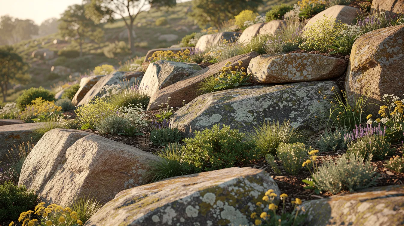 The image features large natural boulders of various sizes arranged along a hillside garden, with native plants growing in the spaces between them, creating a harmonious blend of stone and greenery. This rockery design not only enhances the landscaping but also aids in erosion control and drainage.