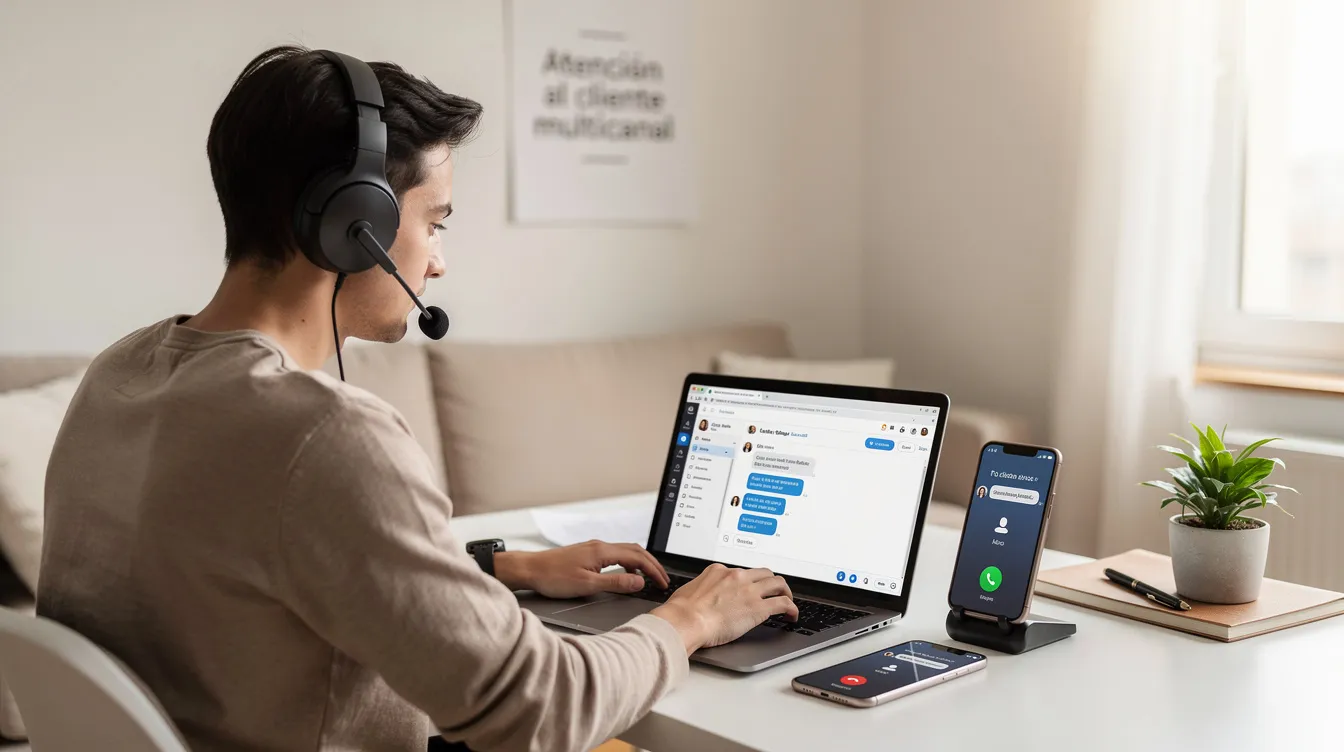 Una persona trabaja desde casa utilizando auriculares, frente a un portátil y un teléfono móvil, simbolizando la atención al cliente multicanal en un ambiente de call center. Esta imagen refleja la importancia de la comunicación y la satisfacción del cliente a través de diversos canales como llamadas, correos electrónicos y redes sociales.
