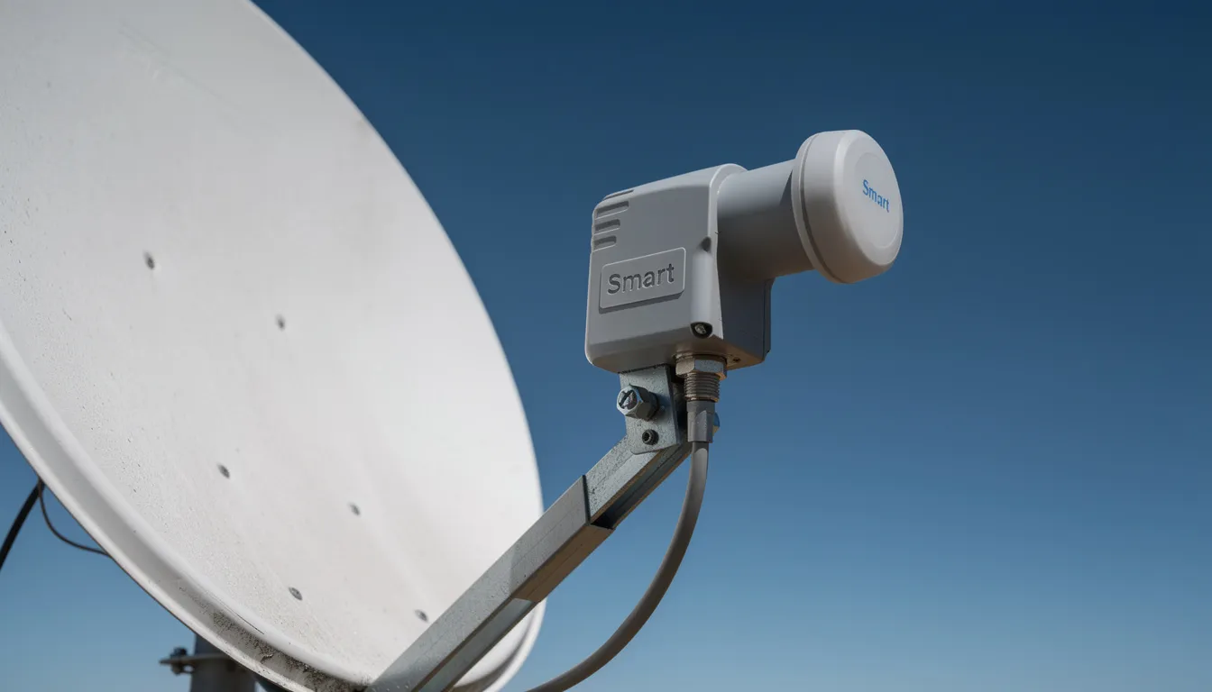 A close-up view of a Smart LNB mounted on a satellite dish, set against a clear blue sky, highlighting the essential equipment for DSTV installation. This image emphasizes the importance of professional DSTV installation services for optimal signal reception and system performance.