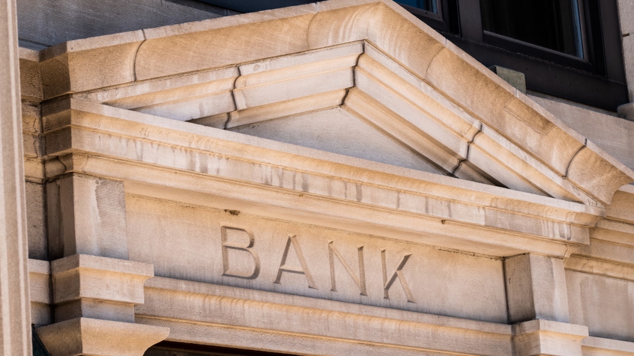 outside of bank, stone building financial institution