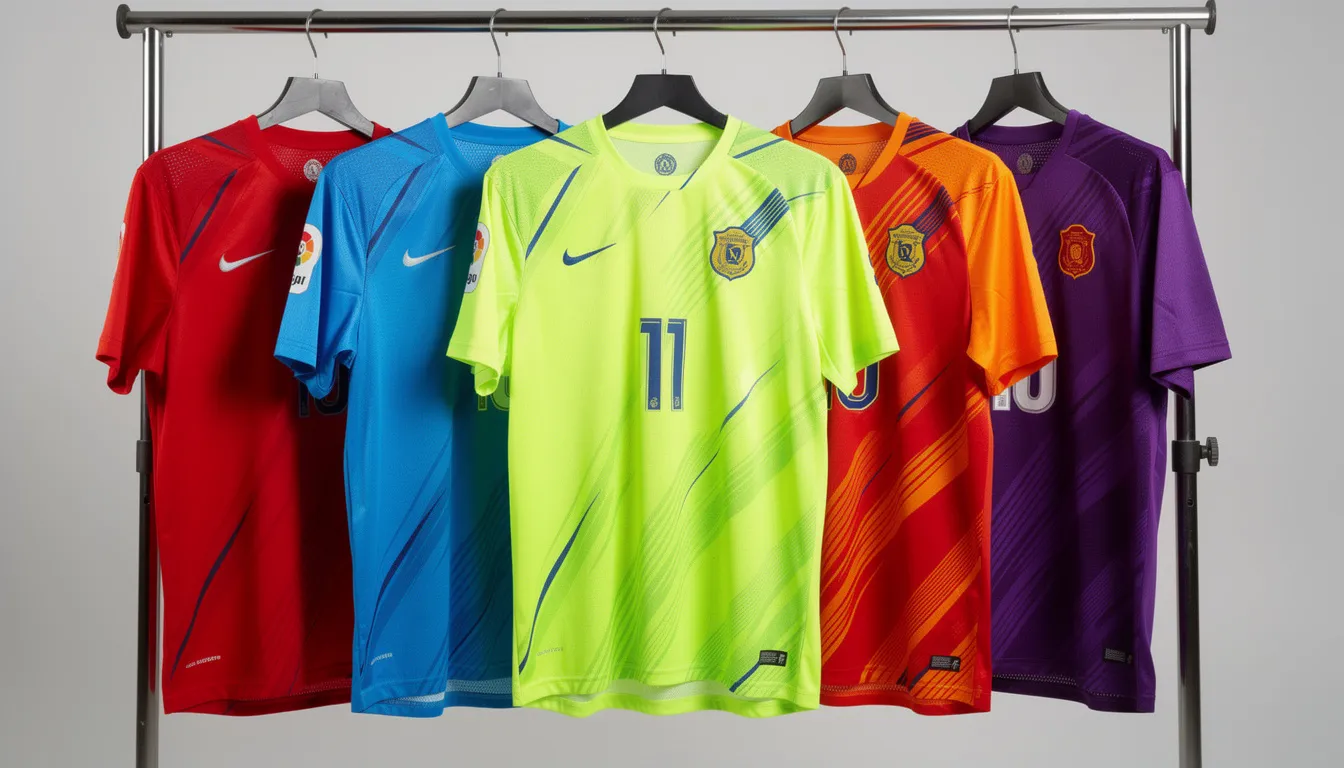 The image features a vibrant display of athletic team jerseys hanging on a rack, showcasing an array of colors and printed designs. Made from synthetic fabrics like nylon and polyester, these jerseys offer moisture-wicking properties and superior abrasion resistance, making them ideal for high-performance sports apparel.