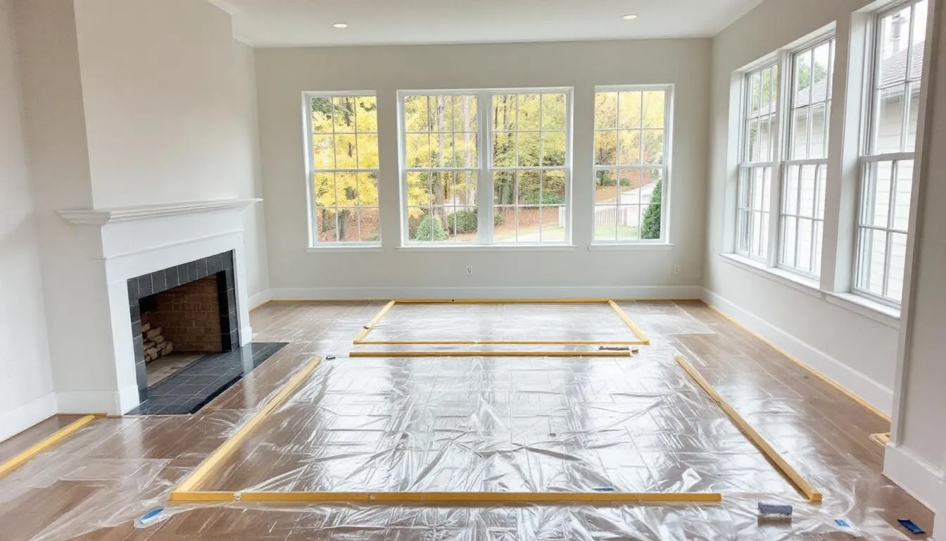 A room prepared for refinishing hardwood floors, showcasing a clean and clear space.
