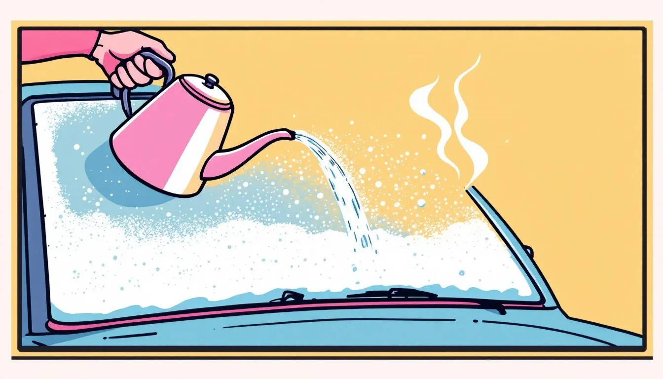 Warm water being poured onto a cold windshield to defrost it.