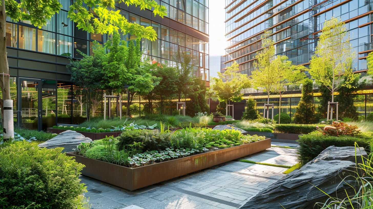 This image showcases an urban green space designed to capture carbon dioxide and promote biodiversity, highlighting efforts to reach net-zero emissions through natural carbon removals and enhancing the climate system's resilience. It represents a harmonious blend of urban development and environmental stewardship, reflecting a bold climate action to limit temperature rise.