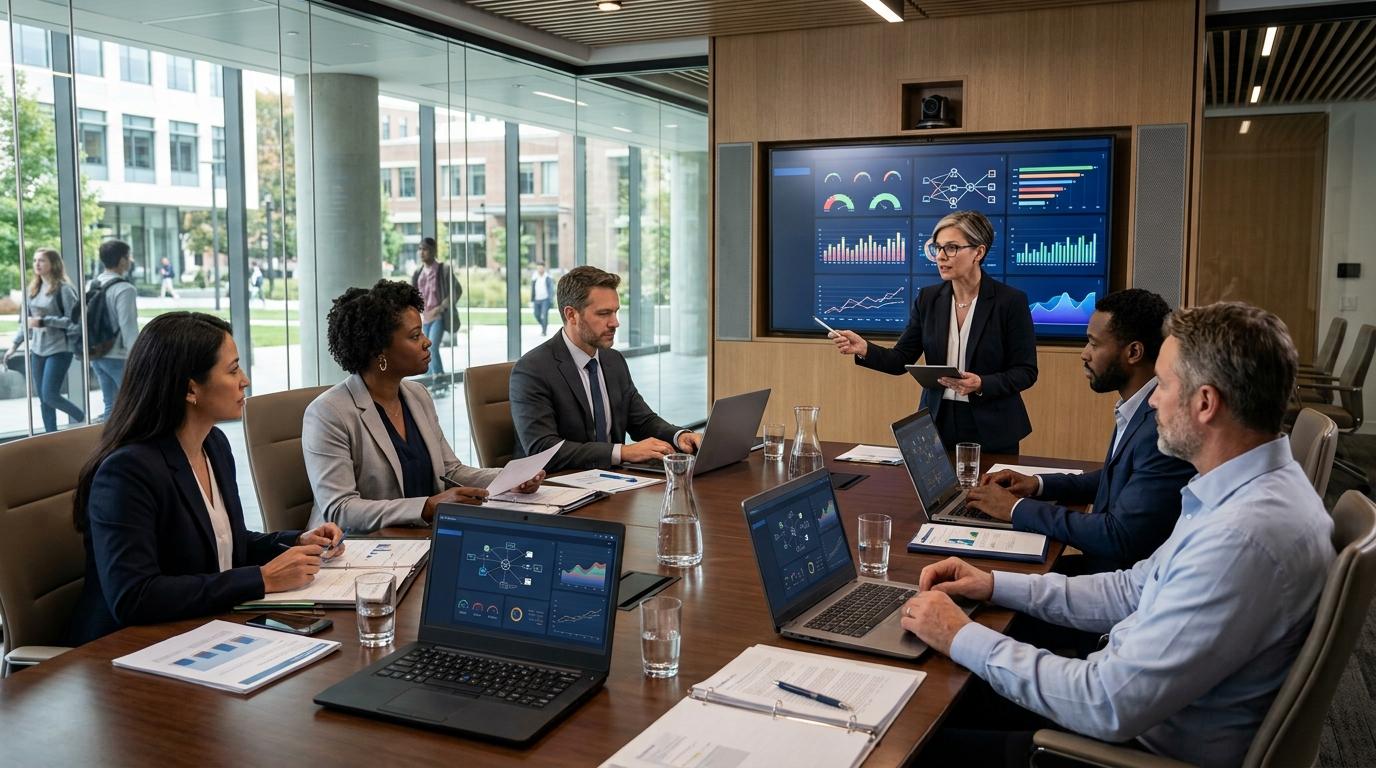 University finance and IT administrators reviewing cloud-based online assessment solutions with analytics, cloud infrastructure, and secure virtual desktops.