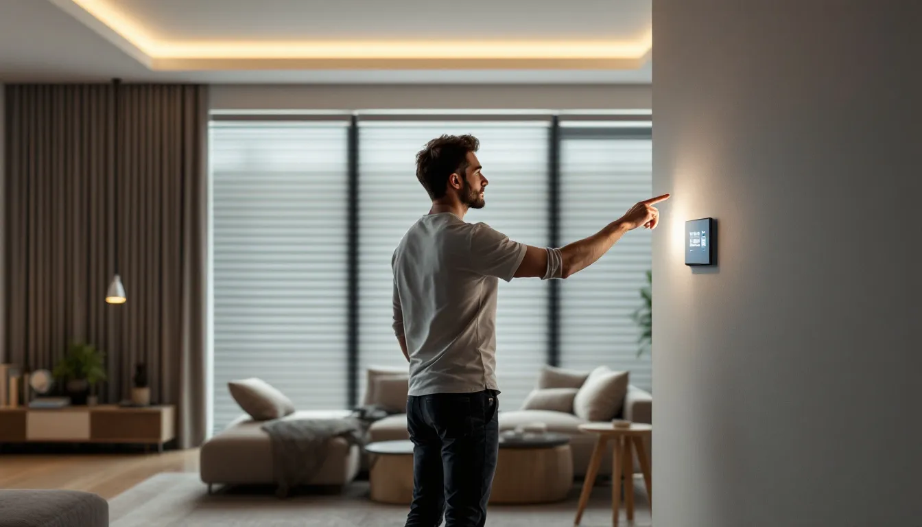 A user operating a smart home system for motorised blinds.