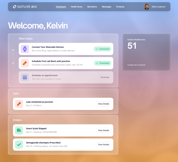 A modern health monitoring dashboard displays various biometric data, including metrics related to emotional health, heart disease, and metabolic syndrome, providing a comprehensive overview for users aiming for a longer and healthier life. The dashboard serves as a tool for individuals to track their health journey and make informed decisions about their lifestyle, diet, and exercise.
