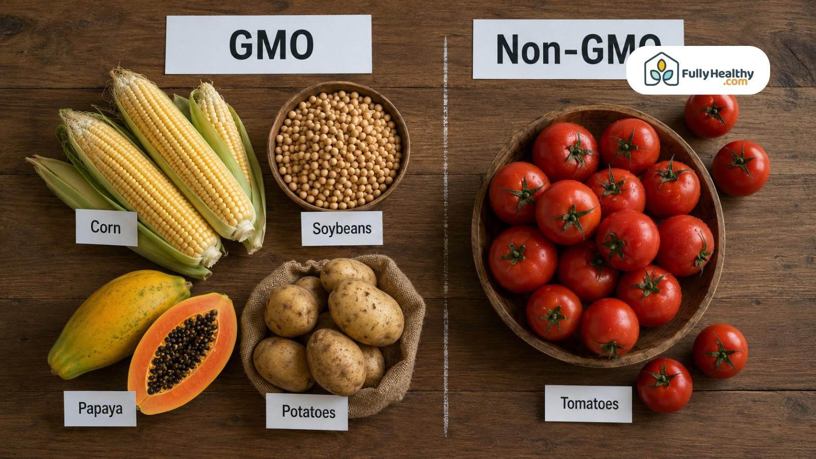 GMO and non-GMO food comparison with corn, soybeans, papaya, potatoes, and tomatoes