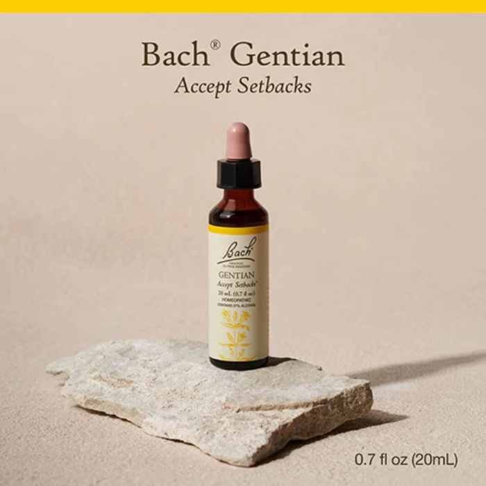 Bach Gentian remedy bottle with the text "Accept Setbacks."