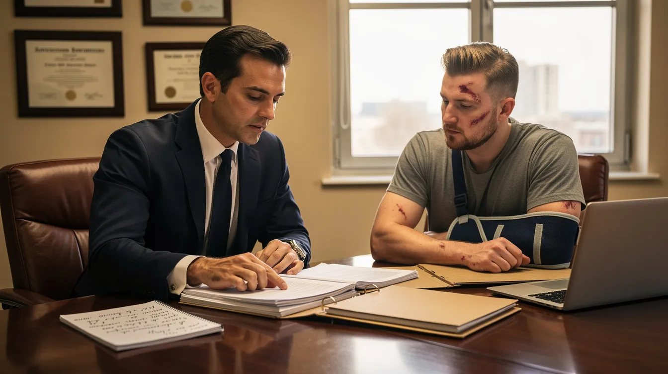 An attorney is seated at a desk in an office, reviewing documents with an injured client, who appears to be discussing their pedestrian accident claim. The scene highlights the legal process involved in seeking compensation for pedestrian accident injuries, emphasizing the importance of legal representation for victims of serious injuries in Colorado.