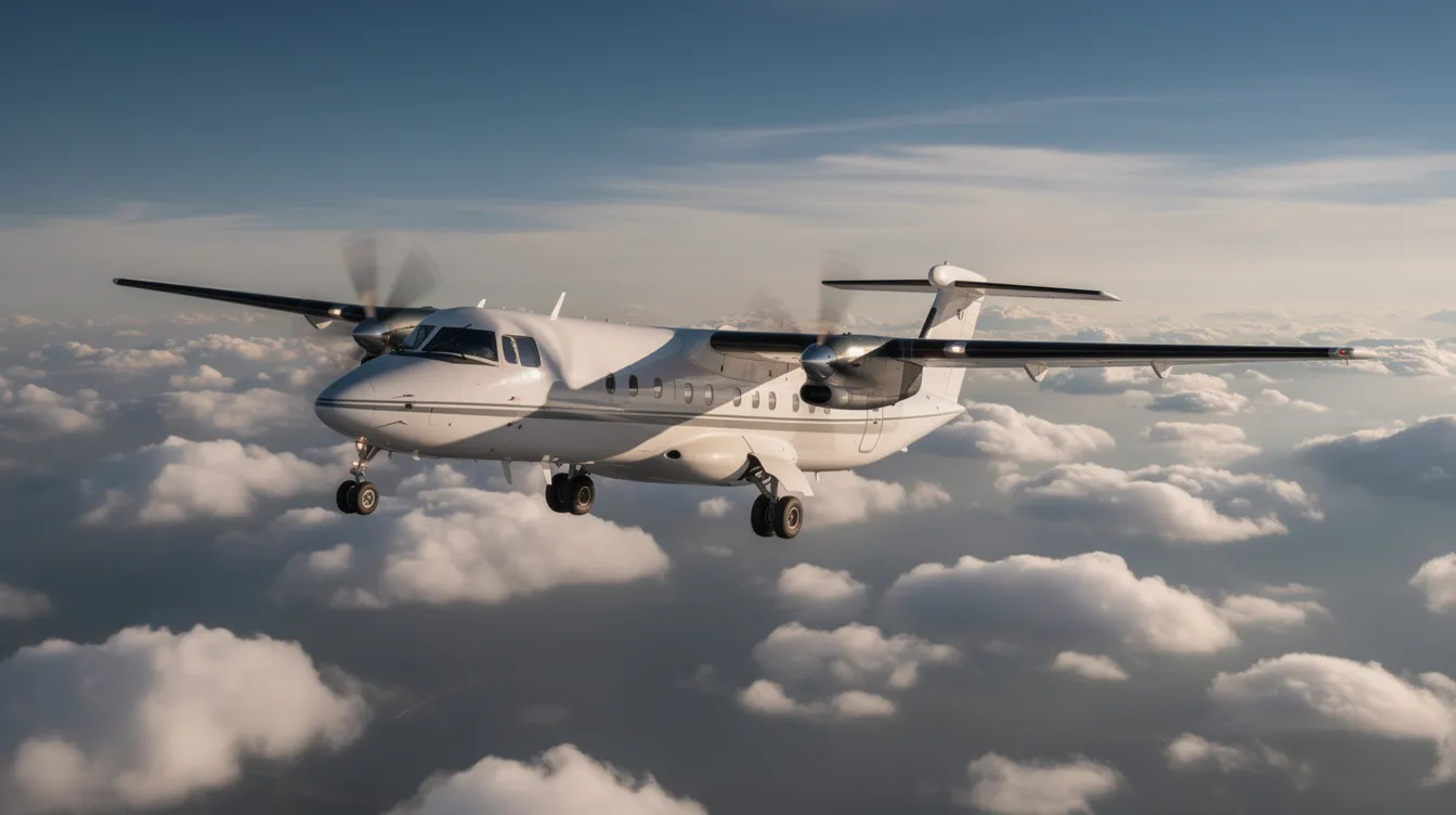 A twin-engine turboprop aircraft soars above a sea of scattered clouds, showcasing the beauty of corporate aviation. This image highlights the aircraft's sleek design, symbolizing the professional pilots who navigate exclusive destinations in the aviation industry.