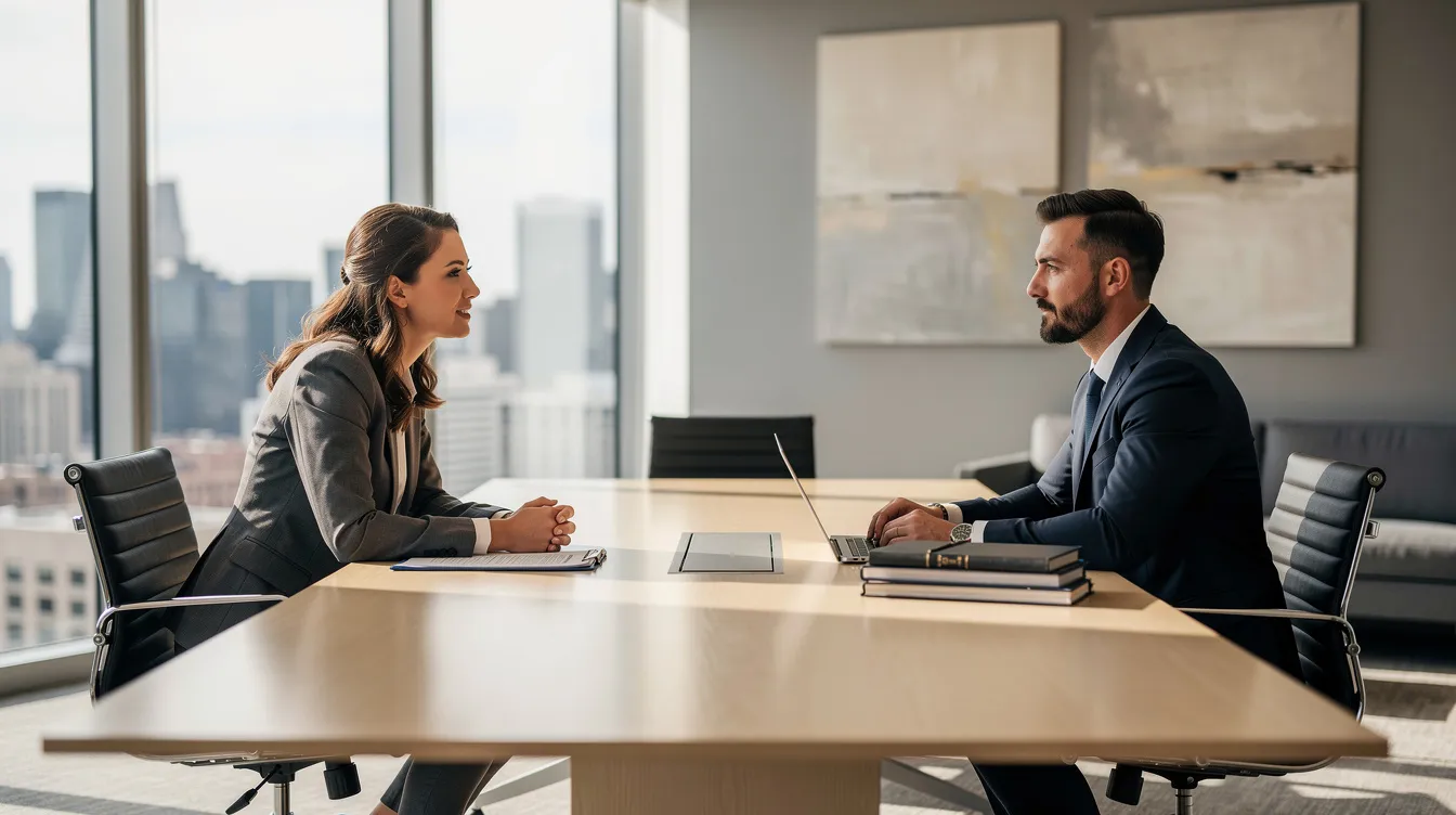The image depicts a professional meeting between a family lawyer and a client in a modern office setting, where they are discussing important aspects of a divorce settlement, including property division and financial agreements. The lawyer is providing legal advice to help the client navigate the complexities of family law and property settlement negotiations.